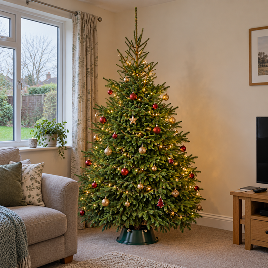 Norway Spruce Christmas tree decorated with warm-white lights and red and gold baubles